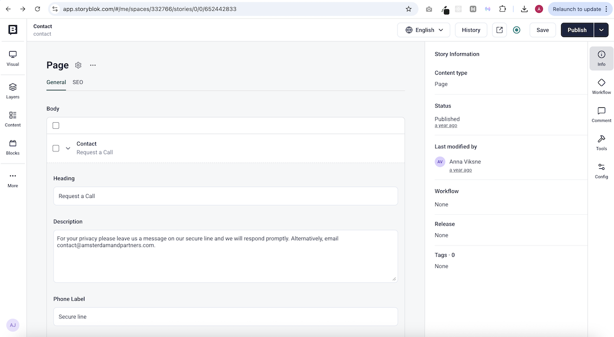 Amsterdam + Partners — contact page built with modular CMS components
