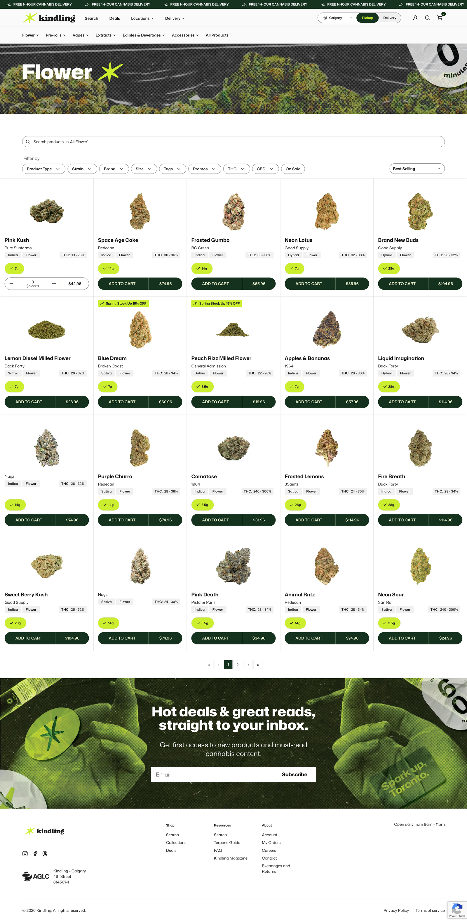 Kindling Cannabis edibles collection page with filters and product grid