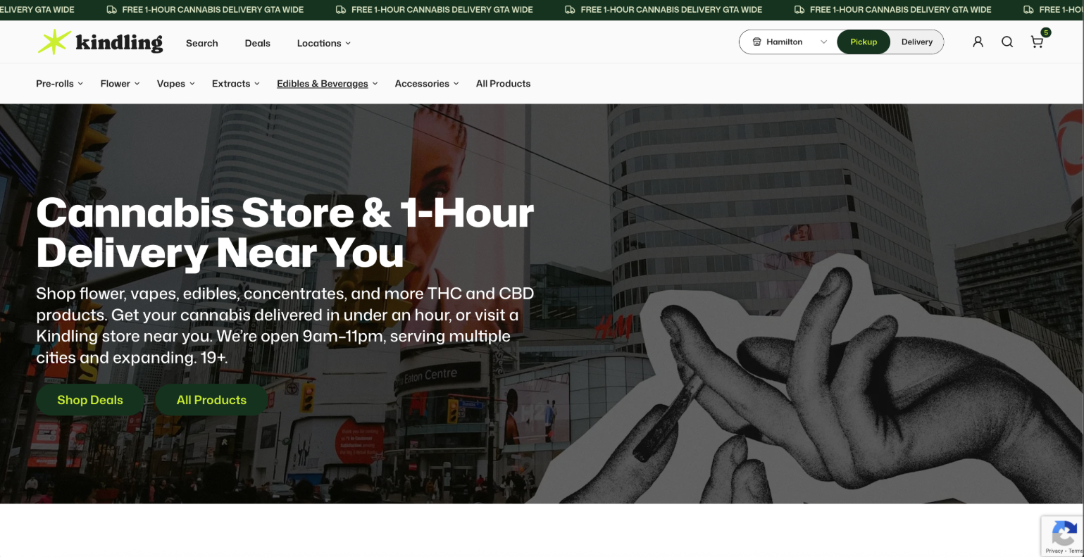 Kindling Cannabis homepage with location switcher and product navigation