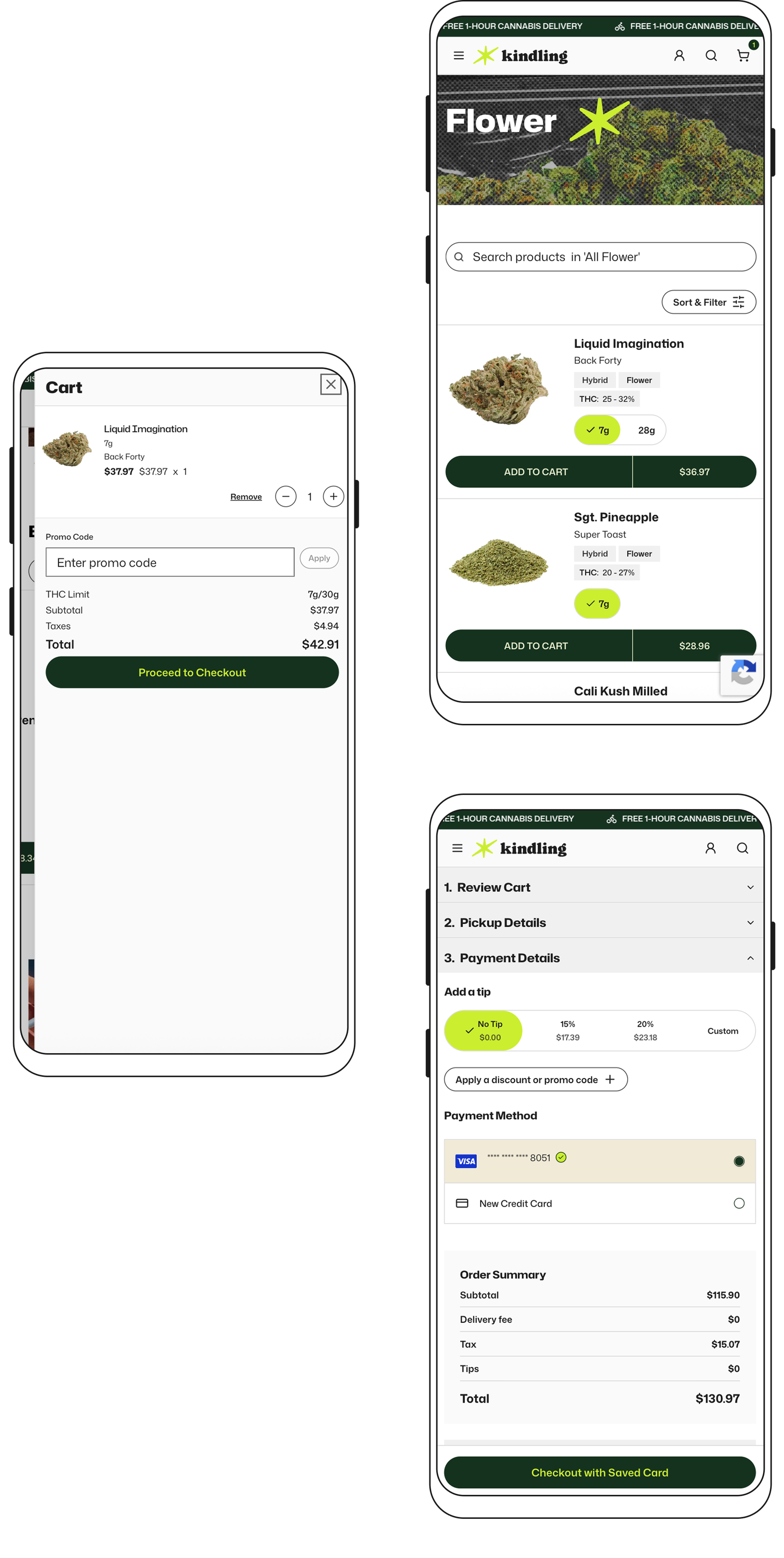 Kindling Cannabis checkout flow showing cart to confirmation in a single page