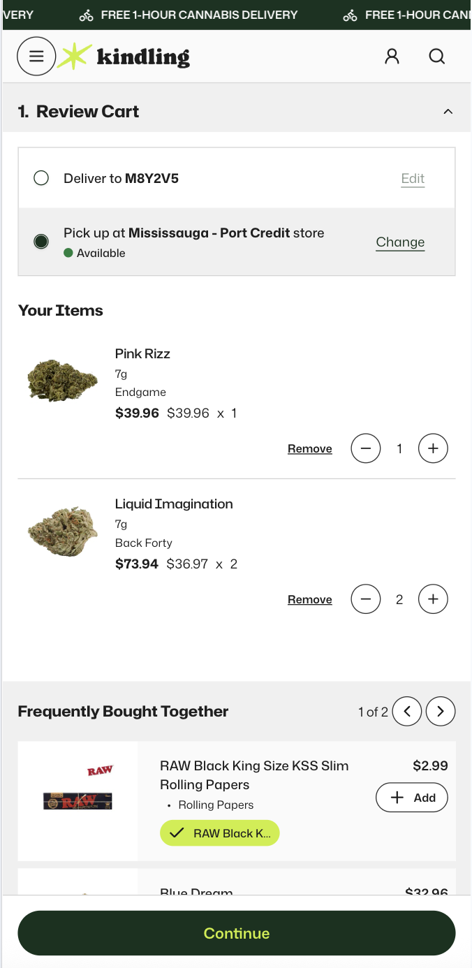 Kindling Cannabis mobile checkout step one with cart review and upsells