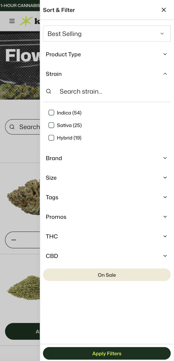 Kindling Cannabis mobile filter panel with strain, brand and THC filters