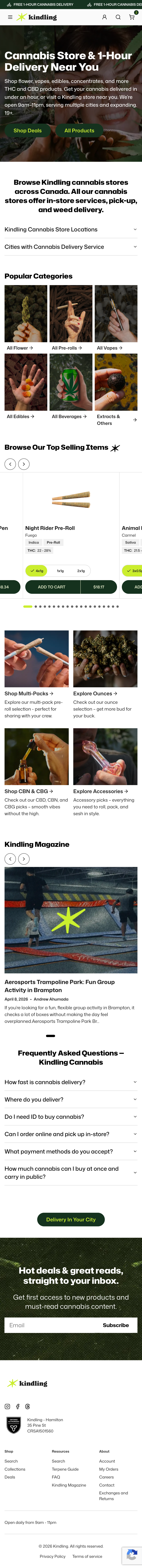 Kindling Cannabis mobile homepage with full product browsing experience