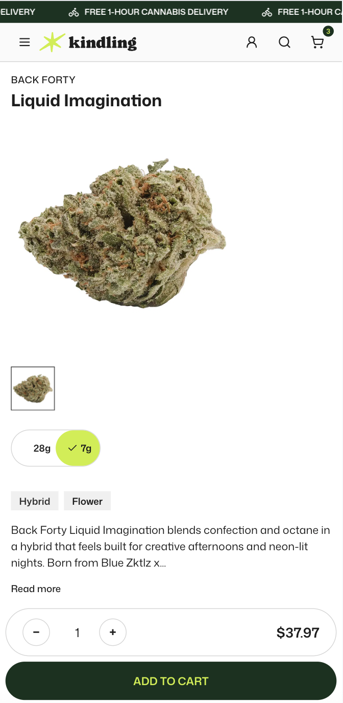 Kindling Cannabis mobile product detail page with terpene information