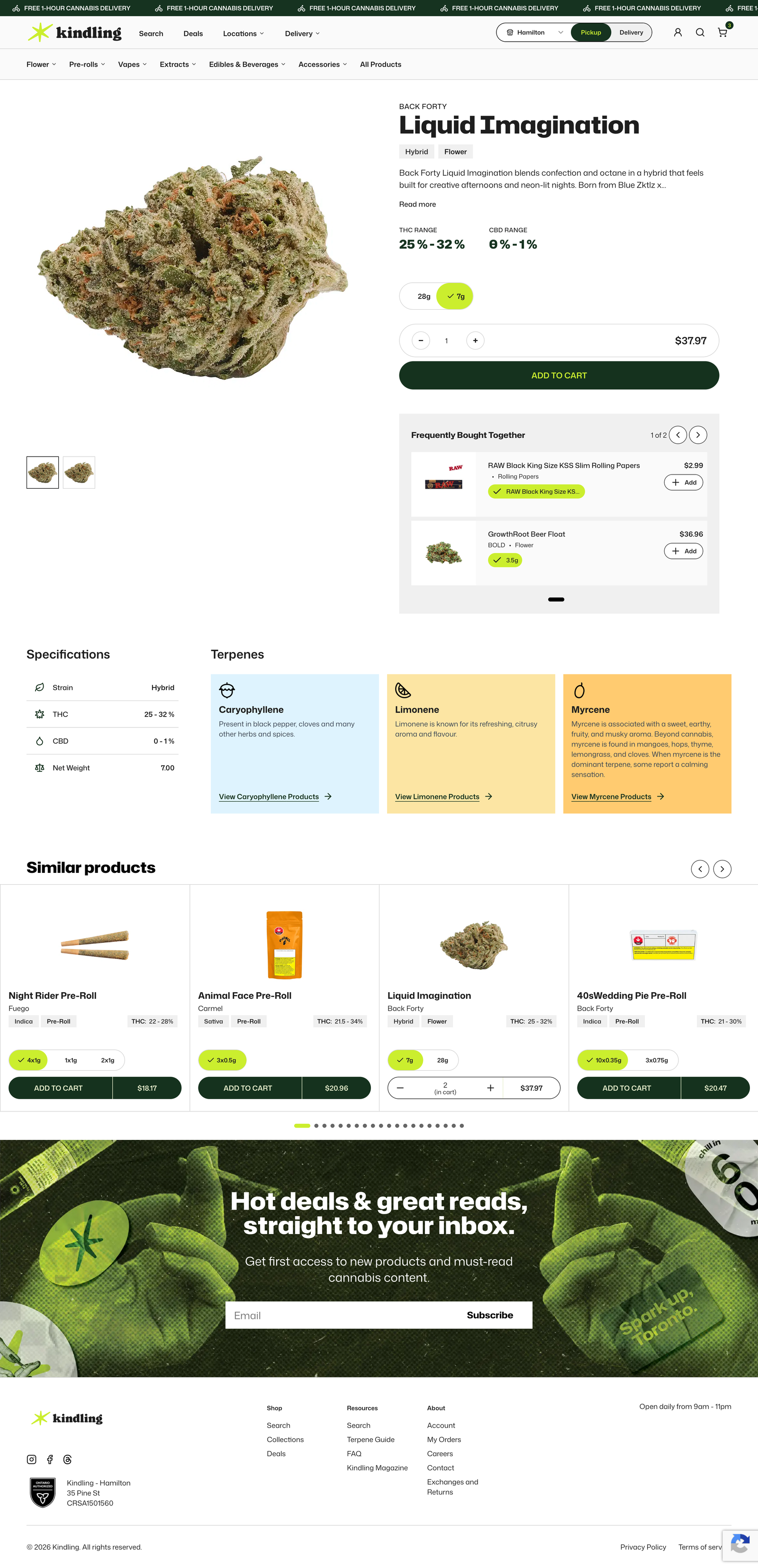 Kindling Cannabis desktop product page with specifications and similar products