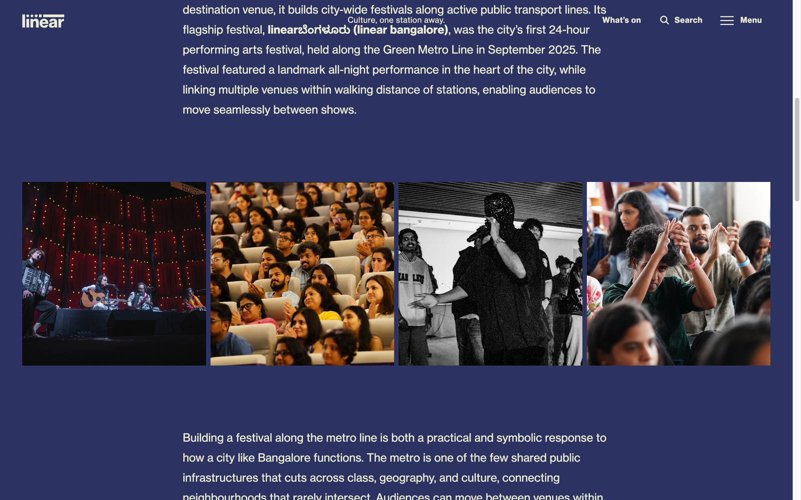 Linear Festivals, about page composed from rich-text and image-grid blocks