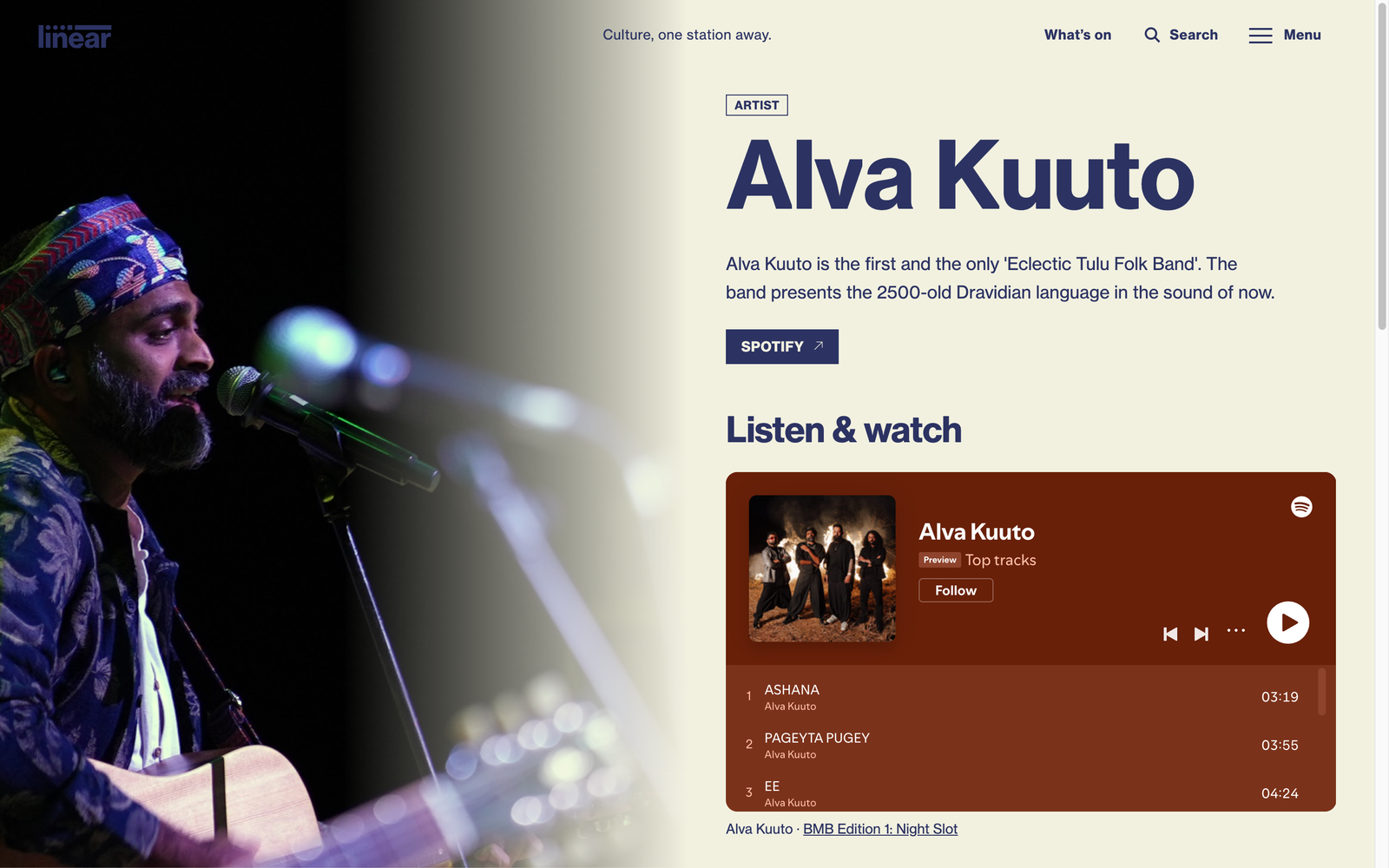Linear Festivals, artist page with sticky image, bio and inline media embed