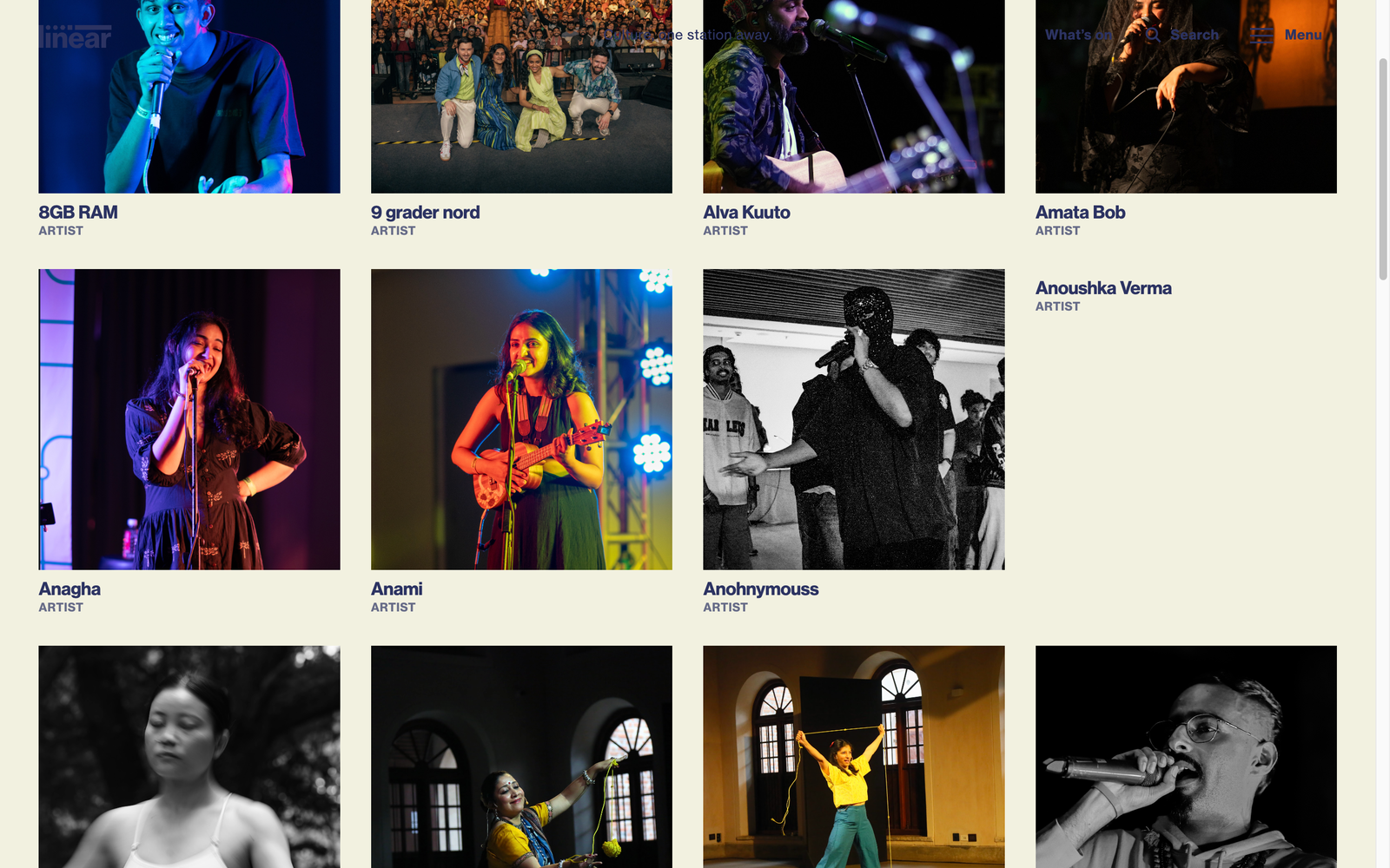 Linear Festivals, artist grid with type filter