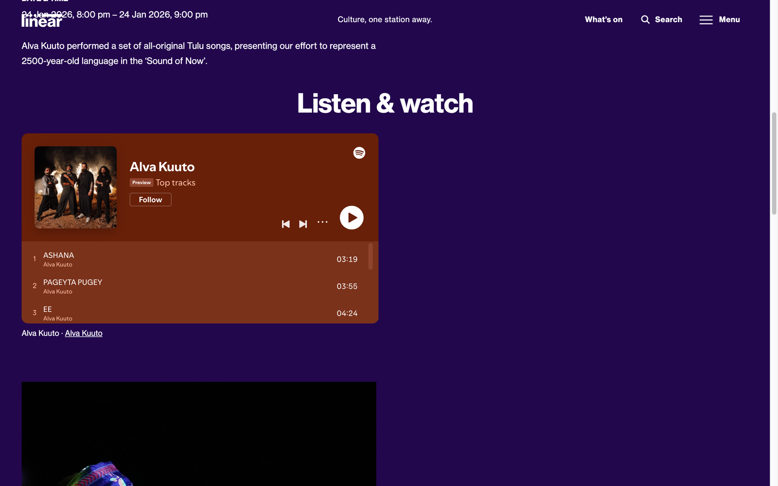 Linear Festivals, event page with an embedded Spotify player under a 'Listen & watch' heading