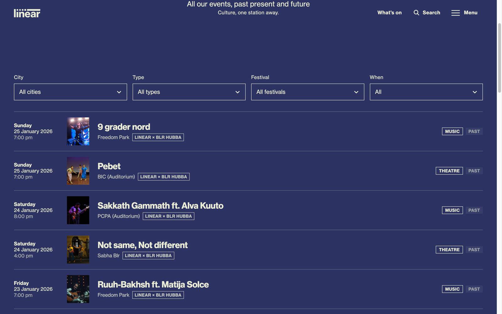Linear Festivals, event archive with city, type, festival and when filters