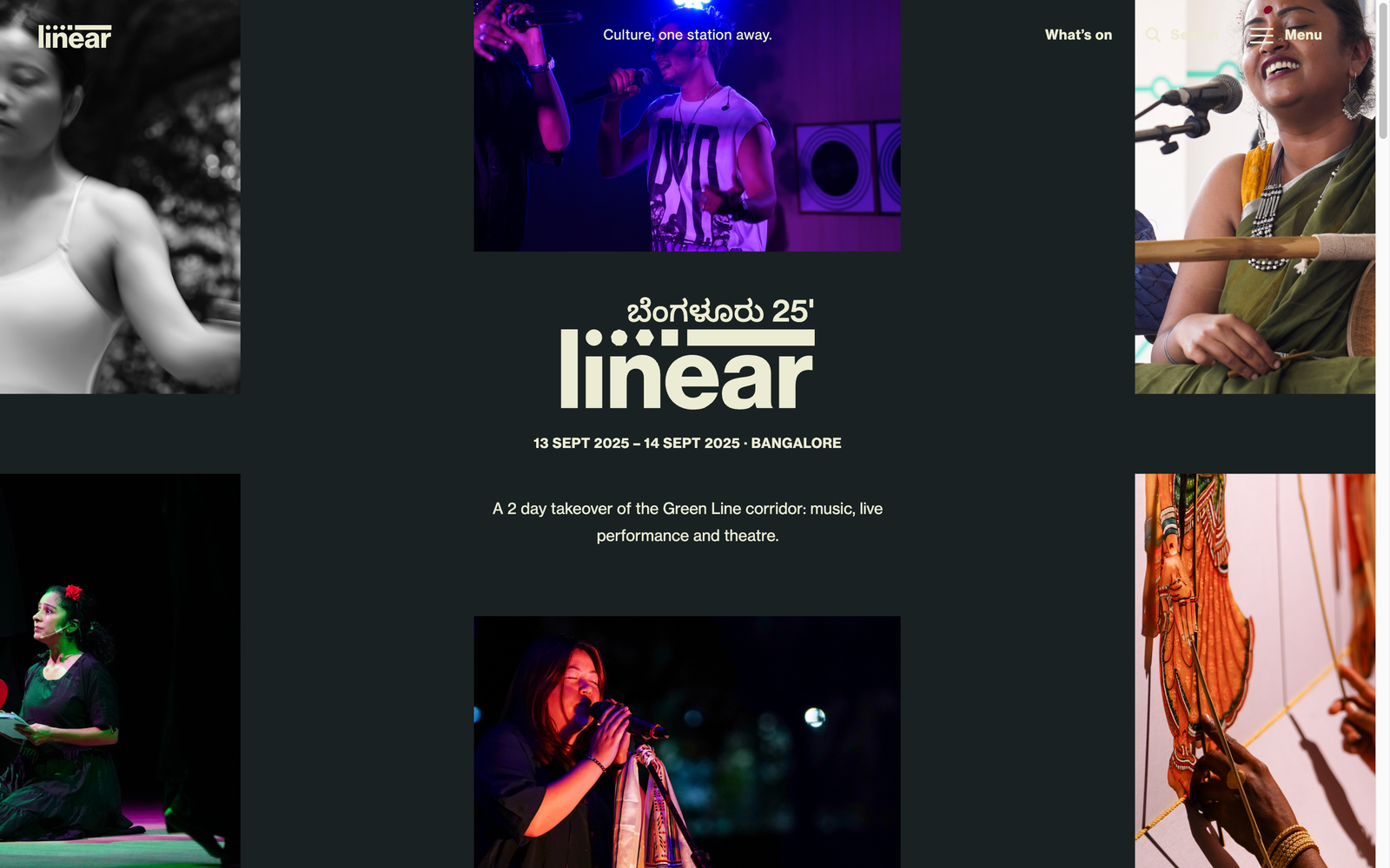 Linear Festivals, festival hero with the Linear wordmark, brandline and an image grid