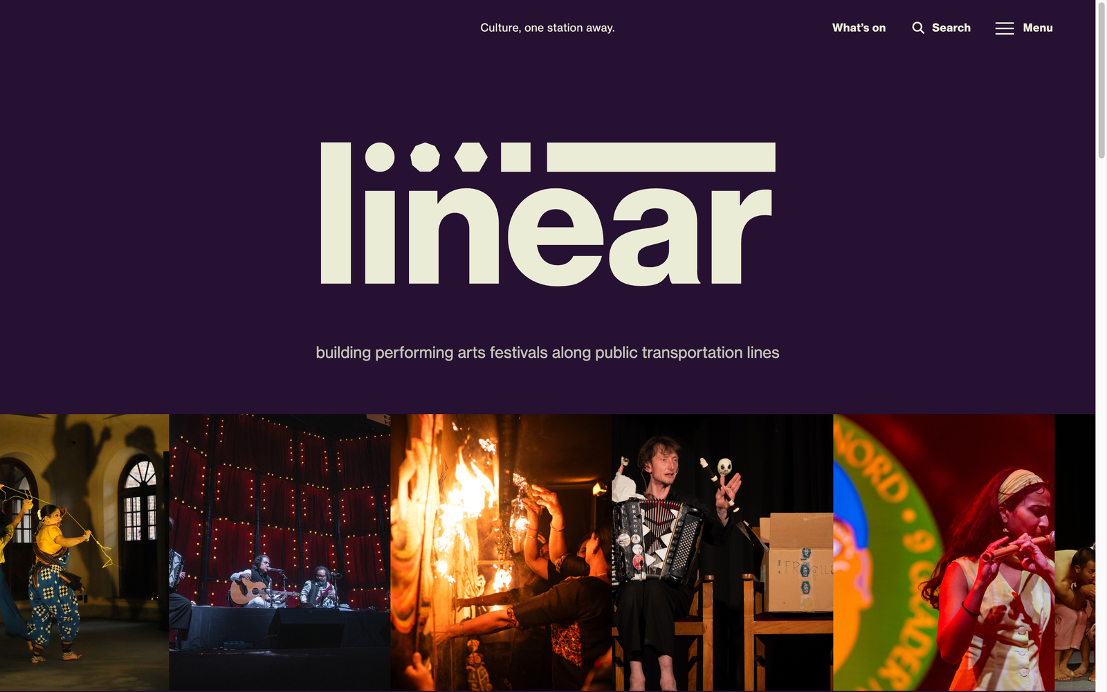 Linear Festivals, homepage hero with animated wordmark and a draggable carousel of event images
