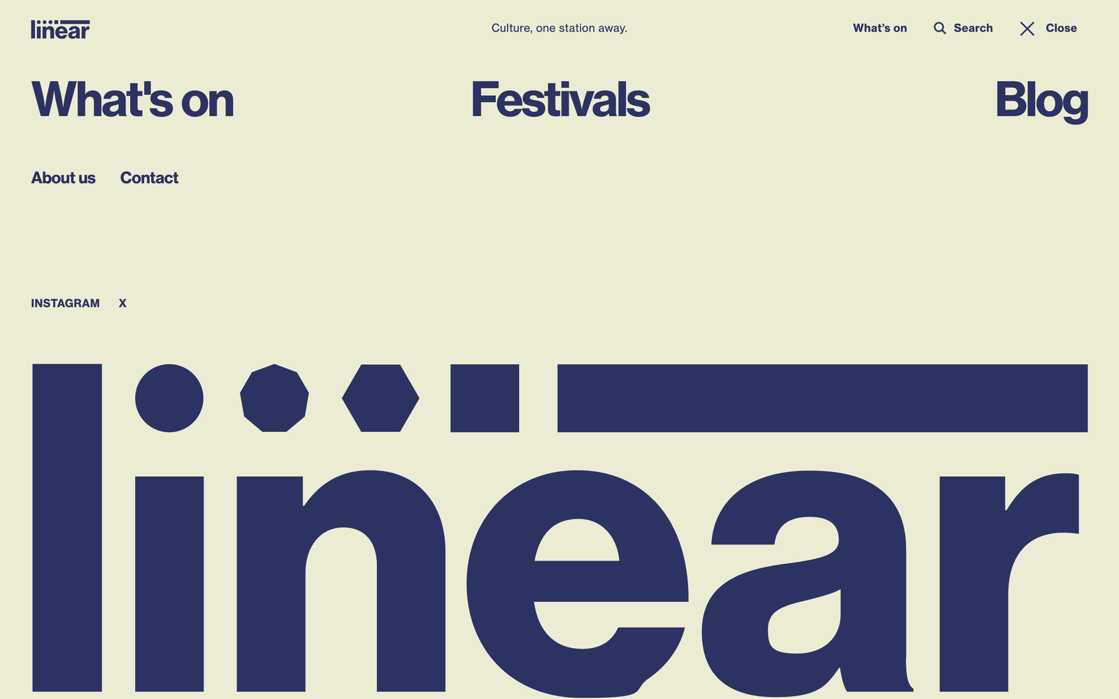 Linear Festivals, full-screen inverted menu overlay with the giant Linear wordmark
