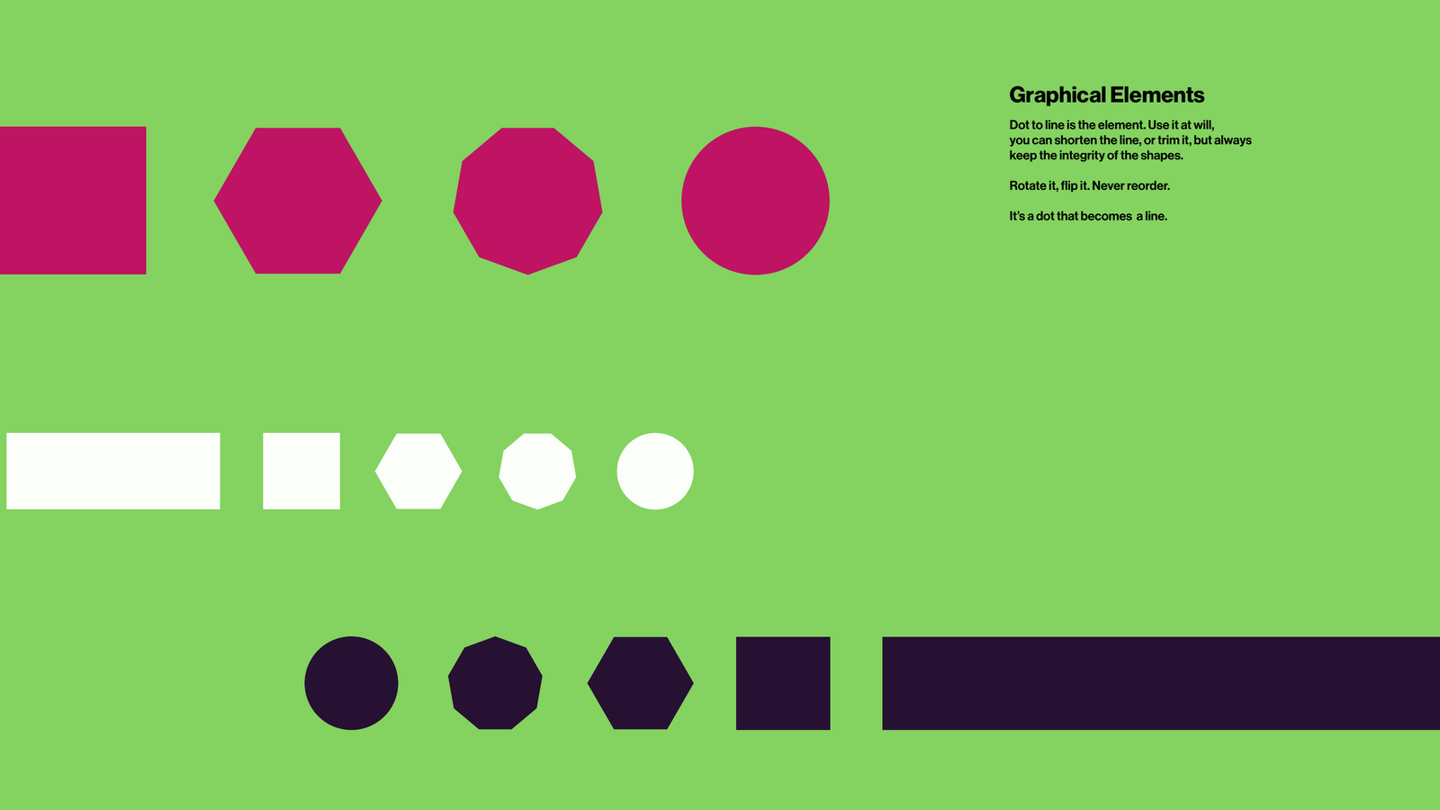 Linear, the dot-to-line graphical elements: a square, hexagon, octagon and circle progressing from dot to line