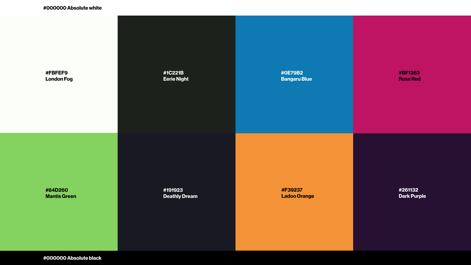 Linear, the colour palette: London Fog, Eerie Night, Bangaru Blue, Rose Red, Mantis Green, Deathly Dream, Ladoo Orange and Dark Purple