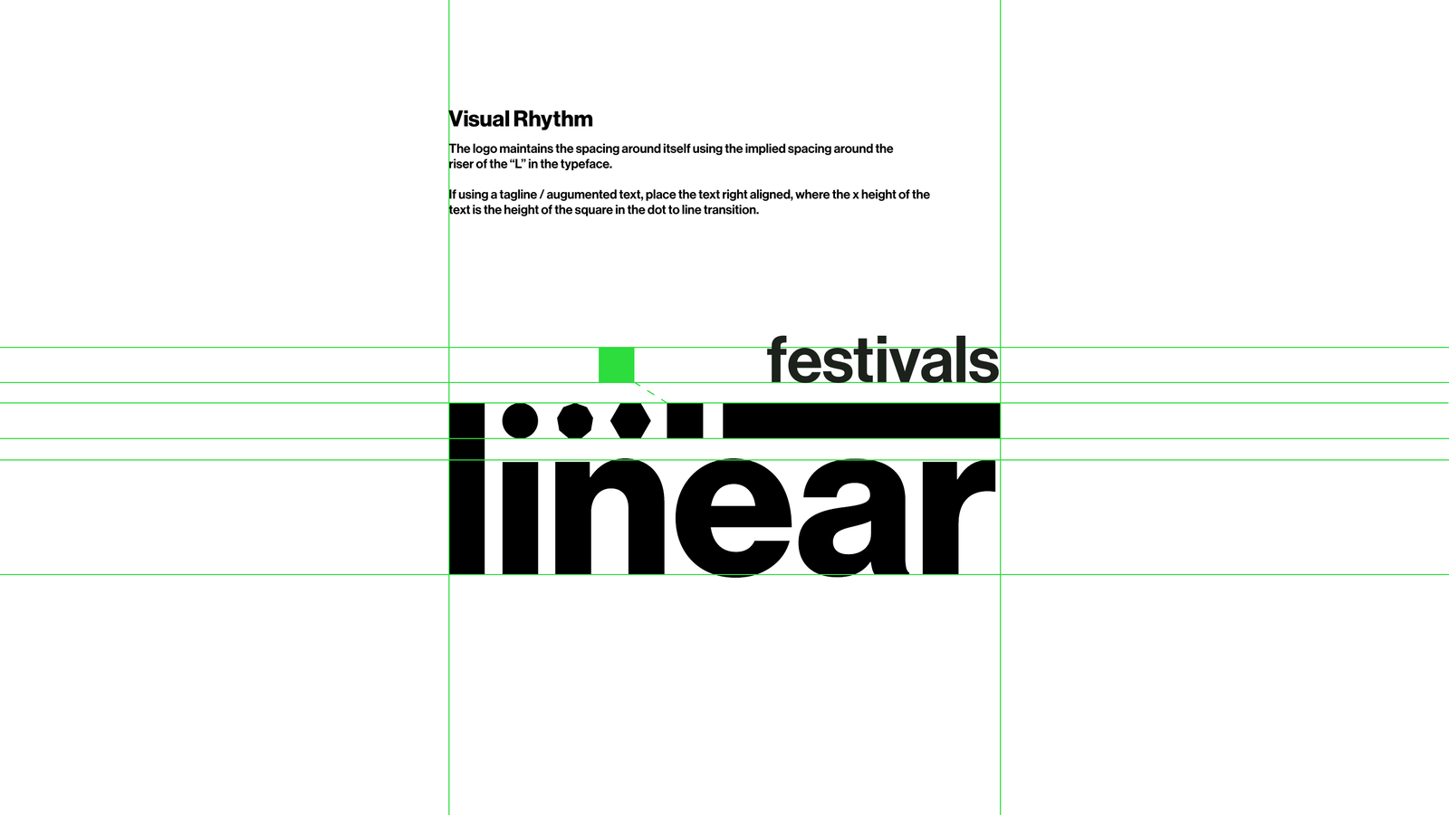 Linear, the 'festivals' lockup, with augmented text right-aligned to the dot-to-line motif