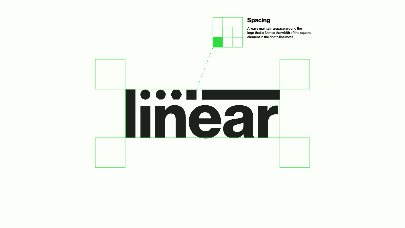 Linear, logo construction and clear-space rules built on the motif's square element