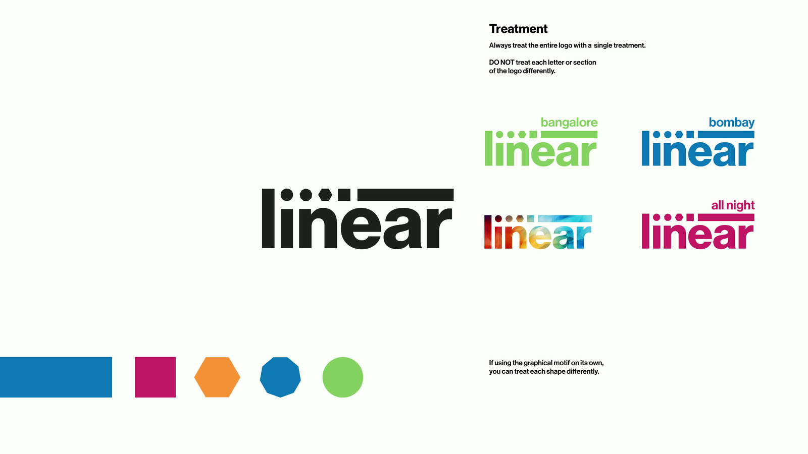 Linear, city and event lockups: bangalore, bombay and all night variants in green, blue and rose