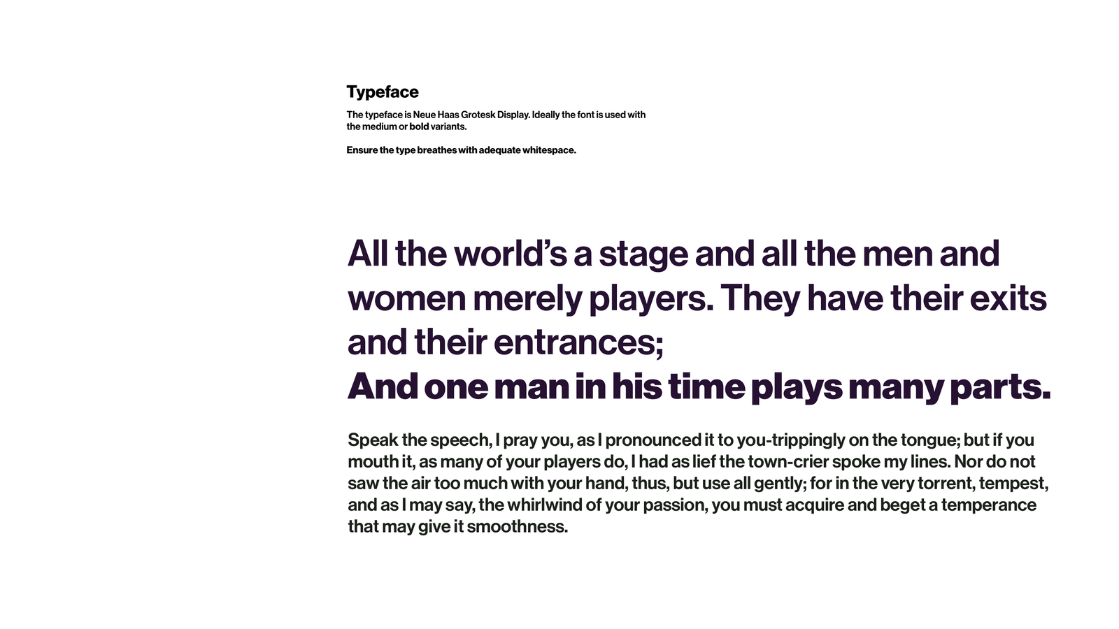 Linear, the Neue Haas Grotesk Display typeface set large with a Shakespeare quotation