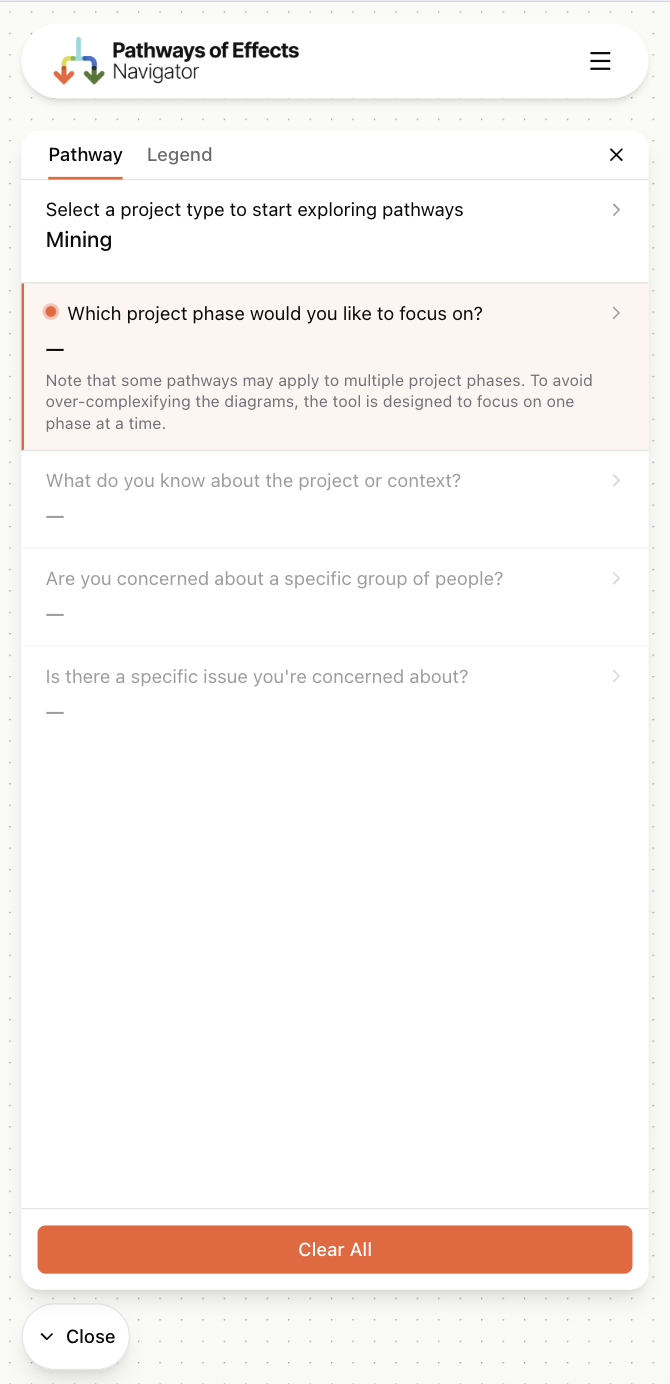 POE Navigator — mobile form view with filter panel and pathway graph