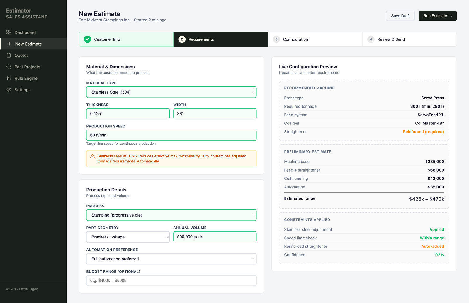 Sales Estimator Assistant interface showing configuration inputs, recommended machine and price estimate