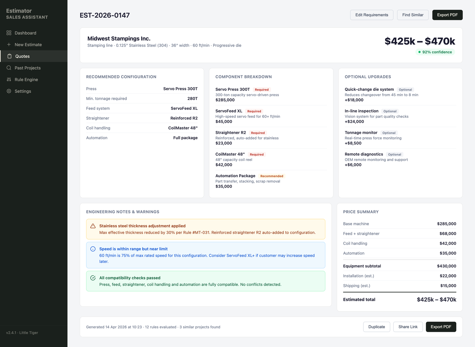 Completed estimate showing recommended configuration, price range and engineering warnings