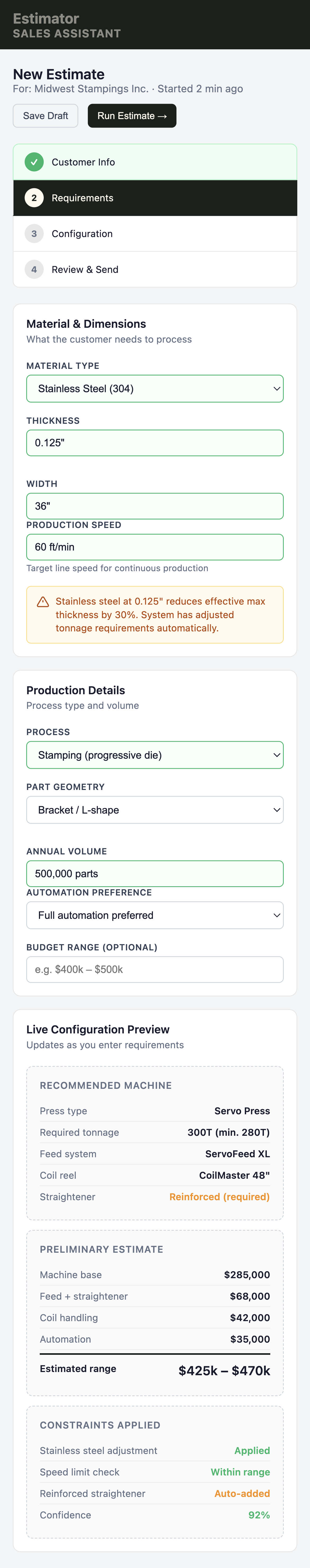 Sales Estimator Assistant configurator on a mobile device