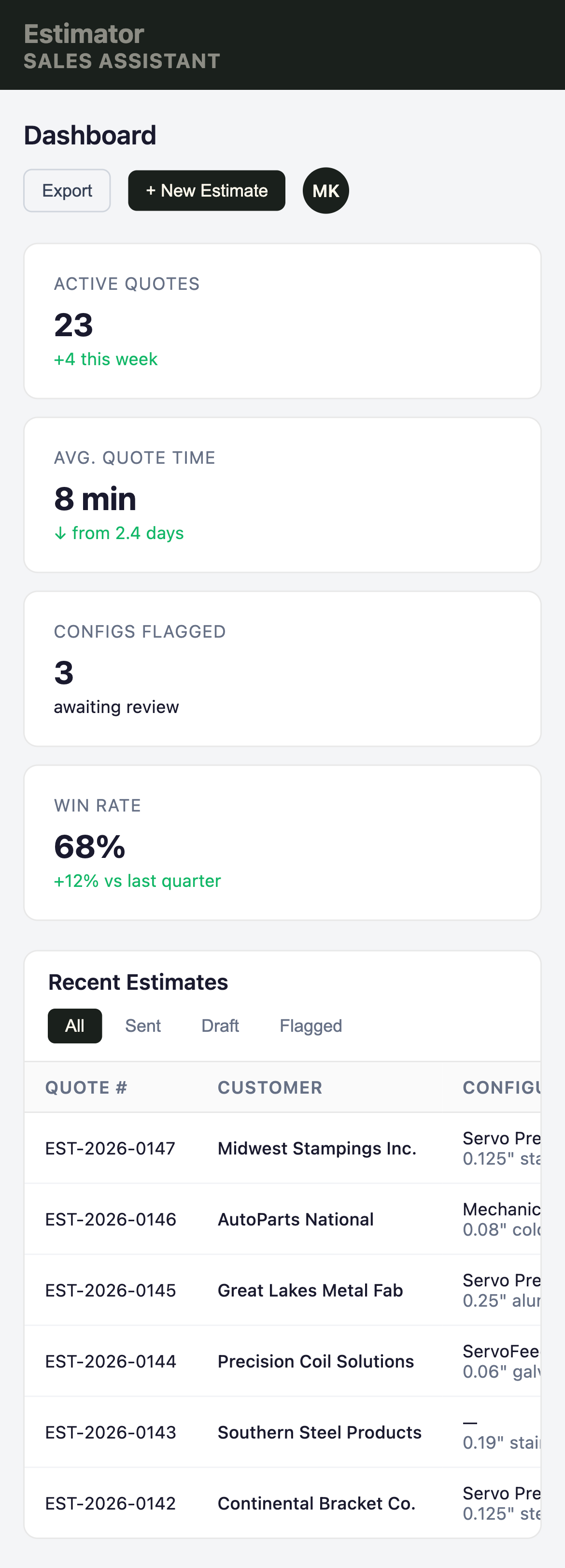 Machine configuration interface with guided input fields and component selection