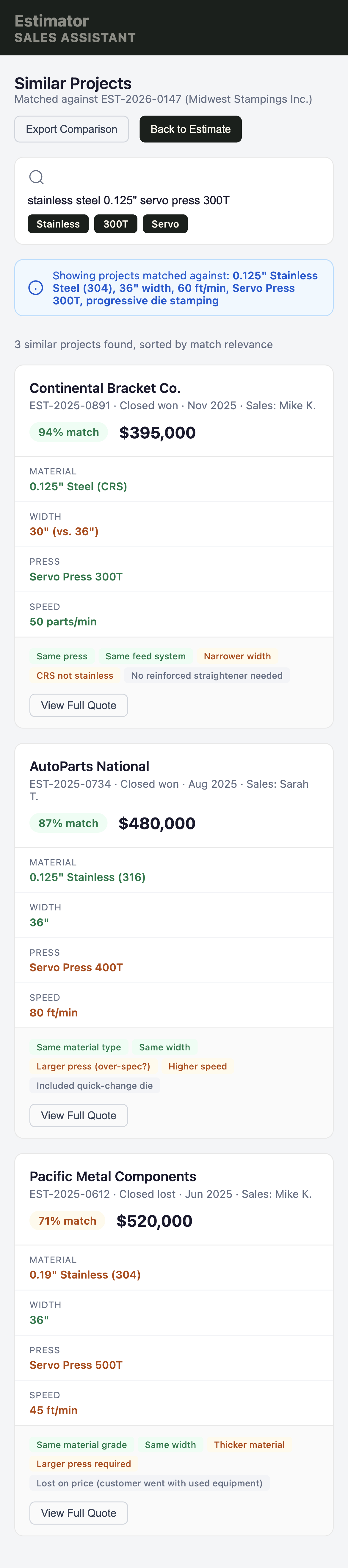 Completed estimate with pricing on a mobile device