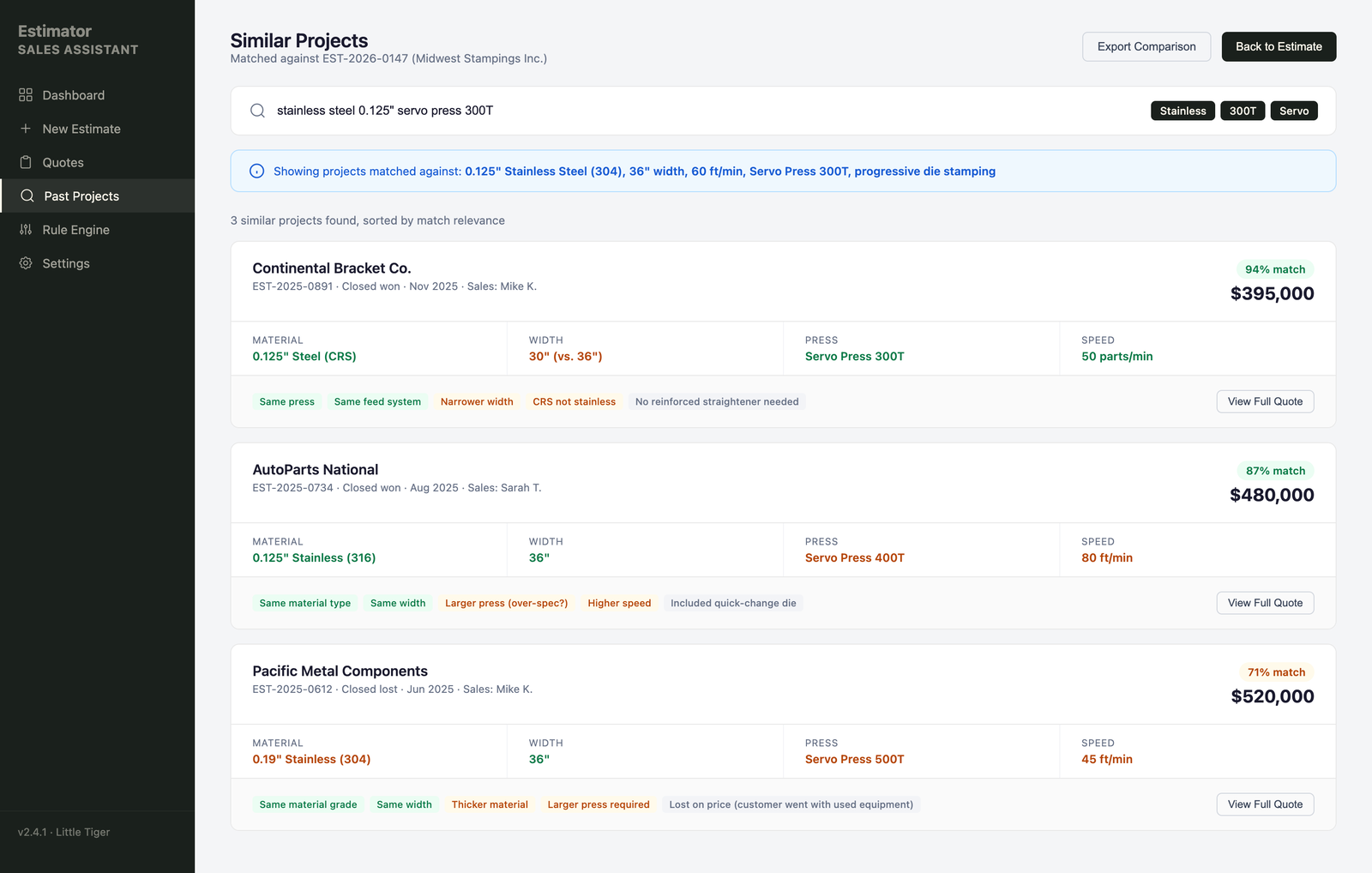 Similar project search results matching past quotes to current requirements