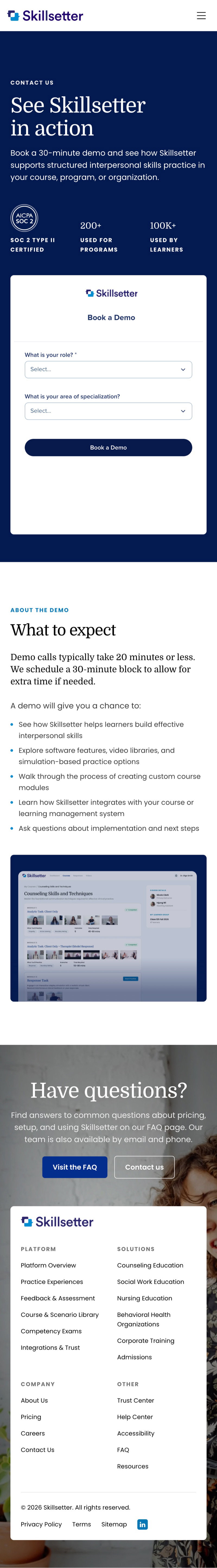 Skillsetter book a demo page on mobile, full page